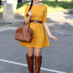 outfit autunno vestito senape stivali aldo shoes borsa michael kors