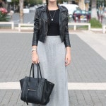outfit gonna lunga grigia crop top nero bombetta